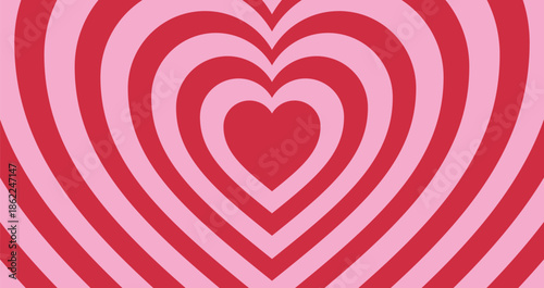 Pink heart background horizontal love shaped tunnel. Red color romantic pattern. Trendy retro vector illustration in style 60s, 70s.