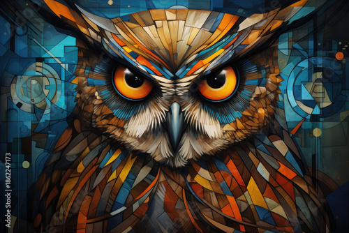 Abstract cubist portrait of a wise owl, geometric symmetry, deep artistic texture
