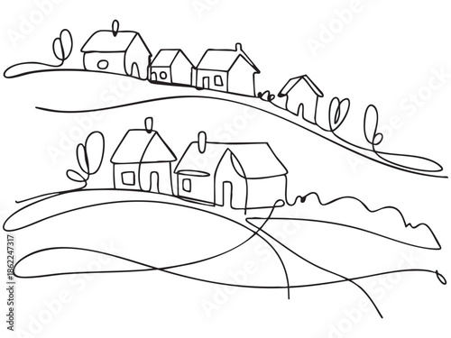 Houses in the mountains Landscape one line drawing