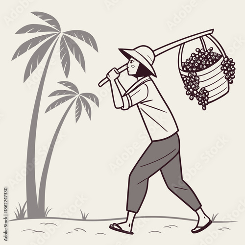 A vintage illustration depicts a person carrying a basket of grapes under palm trees showcasing a rural harvest scene