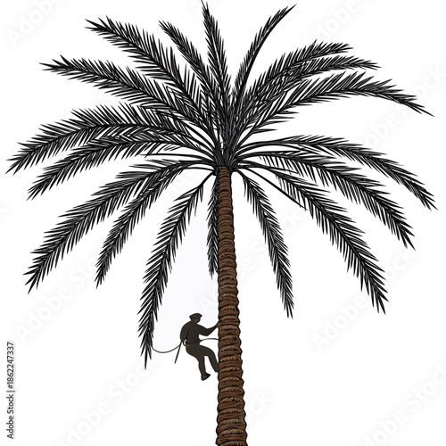 a silhouette of a palm tree with a person climbing it depicted in a simple black and brown style illustration