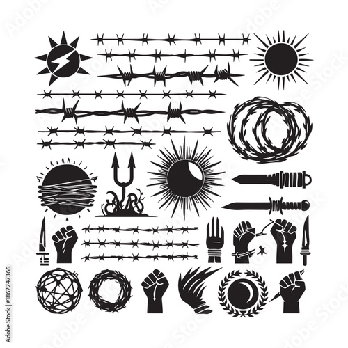 Collection of various barbed wire illustrations and symbols