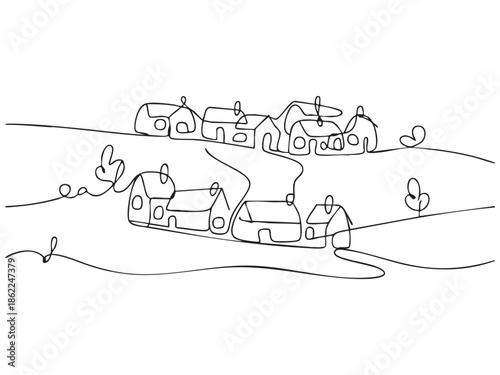 Houses in the mountains Landscape one line drawing