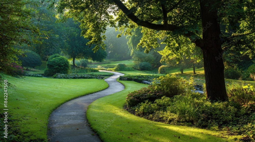 Obraz premium A serene garden path meanders through vibrant greenery. Sunlight filters through the trees, creating a tranquil atmosphere in the early morning. The scene invites relaxation and reflection.