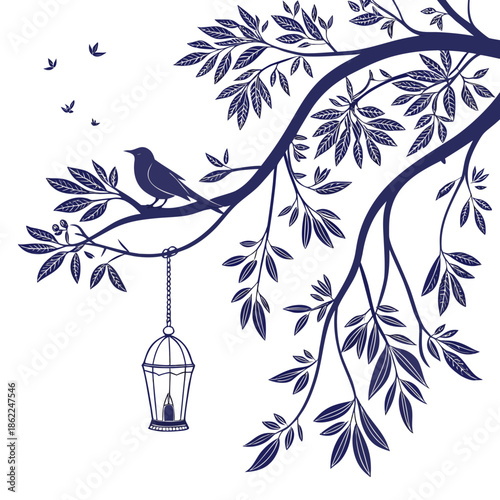 a delicate illustration of a bird perched on a branch with leaves and a hanging lantern below it high quality