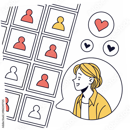 A thoughtful woman contemplates a grid of user profiles and heart icons visualizing social media interactions and connections online