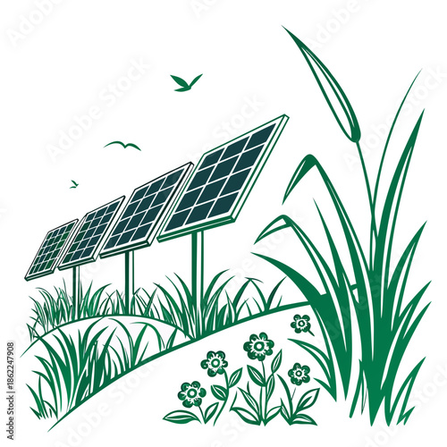 A picturesque illustration displaying solar panels amidst lush greenery a flying bird and delicate floral elements representing sustainable energy