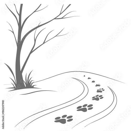 a solitary tree stands near a winding path marked with animal footprints in a minimalist black and white illustration