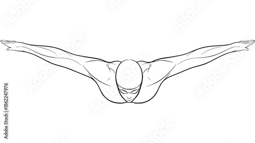 Female Diver in Mid Dive on White Background Line Art