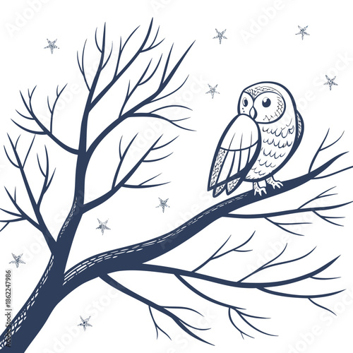 a detailed illustration depicts a serene winter scene featuring an owl perched on a bare tree branch under a starry