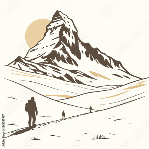 a lone hiker journeys towards distant mountains under a setting sun capturing a serene and adventurous landscape illustration high quality