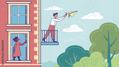 Flat vector illustration of a man sending a paper airplane, symbolizing communication, playfulness, or messages.