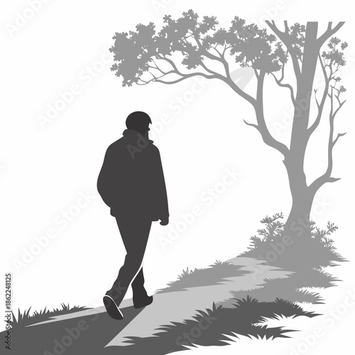 a grayscale depiction of a solitary figure walking away under the branches of a large leafy tree on a gentle