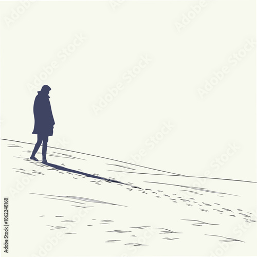 a solitary figure walks along a vast empty landscape casting a long shadow in the muted minimalist style illustration