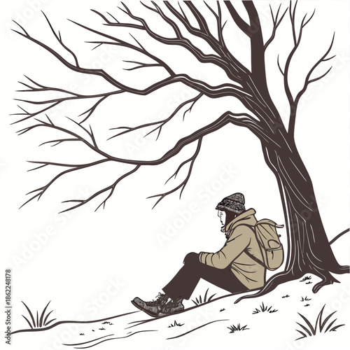 a solitary figure sits leaning against a large tree with bare branches enjoying a moment of quiet contemplation in nature