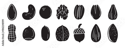 nuts silhouettes set. doodle hand drawn nuts design. black color