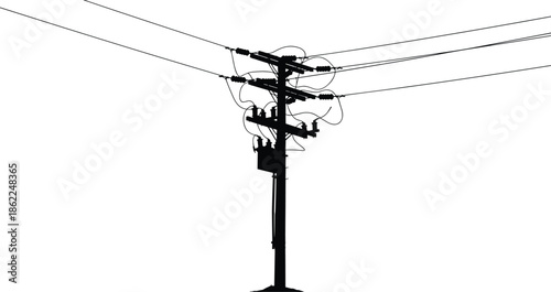 Electric utility distribution power pole vector illustration with transformer ceramic insulators and multiple overhead transmission lines isolated on white background