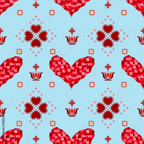 Seamless pattern red hearts romantic background for Valentines Day vector illustration, background, wrapping paper, blanket, ornament design, fabric pattern
