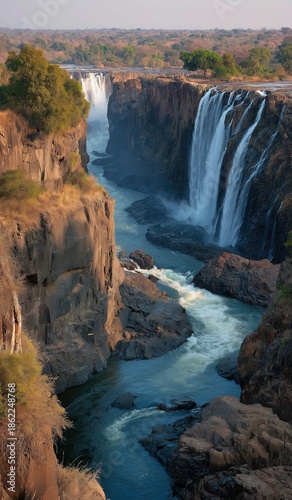 Breathtaking view of circular rocks with people overlooking Victoria Falls in normal flow, surrounded by lush greenery and rocky cliffs