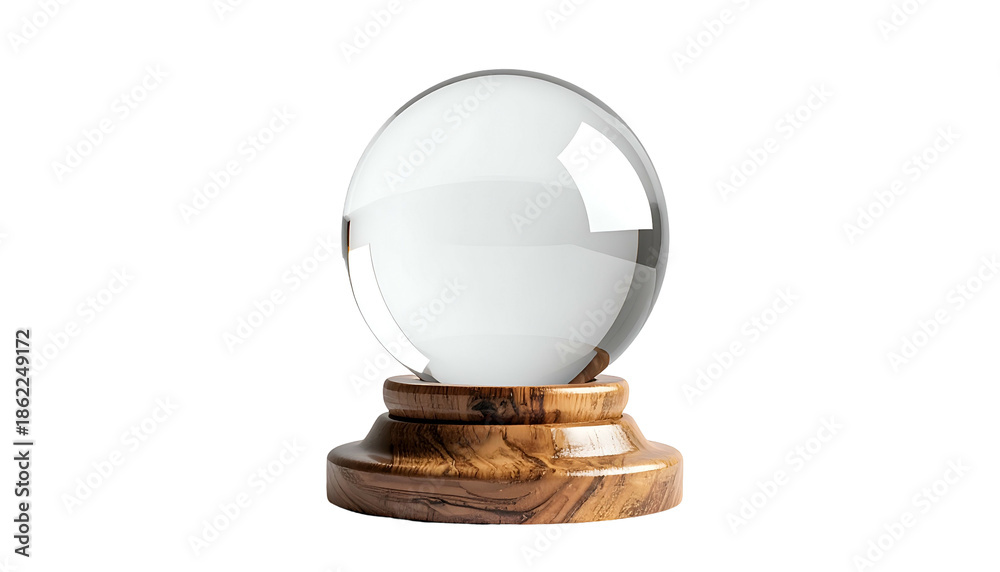 Obraz premium A transparent crystal sphere rests on a wooden base, isolated against a black background