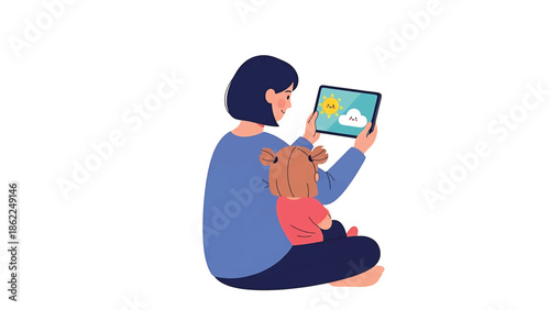 A parent and child are depicted from behind, sitting on the floor. The parent is holding a tablet with a weather app, showing sun and cloud