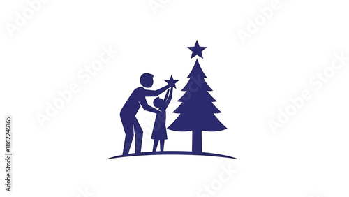 A parent and child place a star on a Christmas tree. The dark blue silhouettes are set against a white background with a simple design