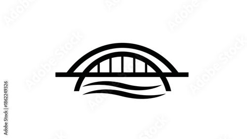A monochrome illustration features a stylized arch bridge over stylized water waves. The bridge is thick black lines on white