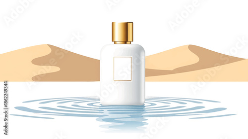 A perfume bottle with a golden cap rests on water with concentric ripples. Behind are sand dunes in a minimalistic, abstract landscape. The background is white
