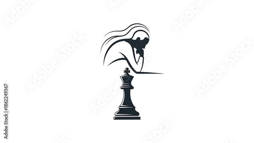 A person contemplates, resting their chin on their hand, while a chess king piece stands below. The image is monochromatic