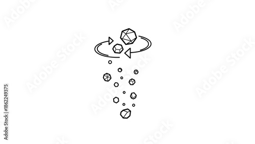 A line drawing depicts a cluster of geometric shapes in a circle, rotating, with smaller shapes falling downward