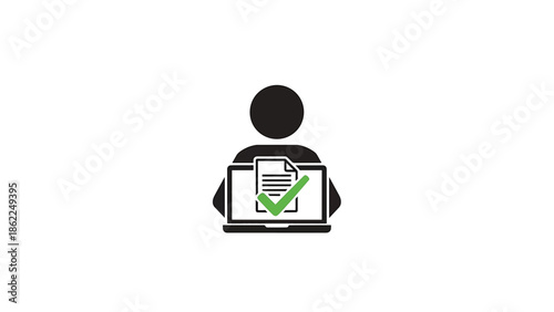 A person icon holds a laptop displaying a document with a green checkmark indicating approval or completion, set against a white background