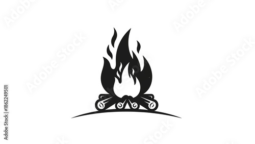 A monochrome illustration of a campfire, rendered in a simple, stylized manner. Flames rise from logs against a white backdrop