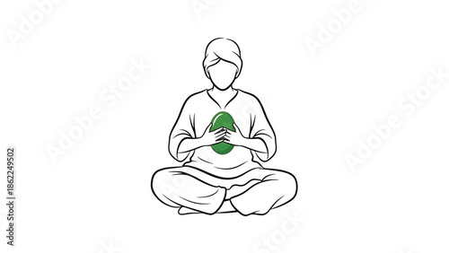 A person in a seated meditation pose holds an oval-shaped object close to their chest. The line art depiction has a simple style. The object is colored in green