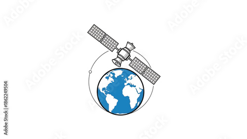 A line drawing of the Earth with a satellite orbiting around it. The globe is blue and white with continents. The satellite has solar panels