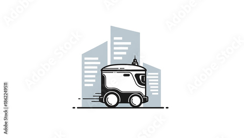 A line-drawn image of a delivery robot in front of stylized cityscape. The robot is depicted with round wheels and a boxy body, moving across a flat surface