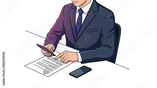 A person in a suit is signing a document at a desk. A phone sits nearby. The scene is done in an anime/cartoon style