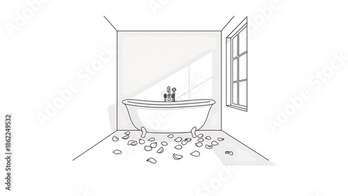 A line drawing portrays a classic bathtub in a minimalist bathroom setting, scattered flower petals on the floor, and a window