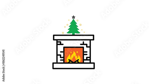 A line-drawing style illustration of a Christmas scene with a decorated tree above a fireplace, and surrounding stars