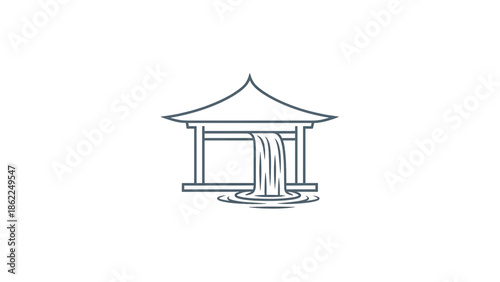 A line drawing portrays a Japanese-style pavilion with a waterfall cascading into a pool below. The design uses muted colors and minimal detail