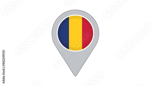 A location pin, colored gray, encloses a circular emblem with vertical stripes of blue, gold, and red, representing a flag. The background is white