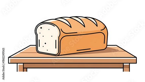 A loaf of baked bread sits on a wooden table, featuring an illustrated design with clear lines and shadows. The bread has characteristic cuts on top