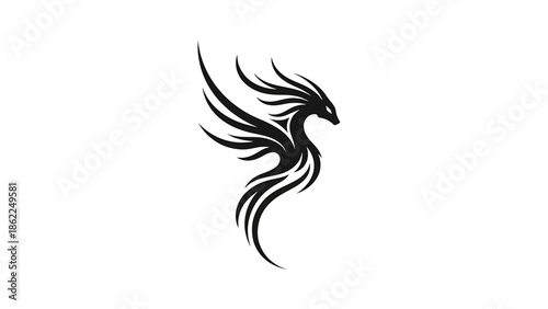 A monochrome illustration of a mythical creature with a sleek, stylized design. The dark lines create a flowing silhouette