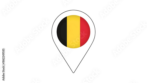 A location pin outline with a textured circle, with vertical black, yellow, and red bands, representing a European country flag. White background