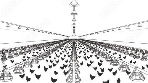 A line drawing shows a mass of chickens in a barn under heat lamps
