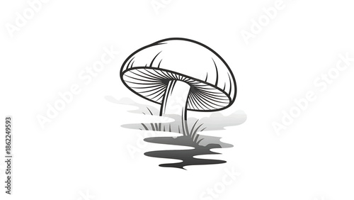 A monochrome illustration of a mushroom with a wide cap, standing in a hazy environment with grass and watery reflections