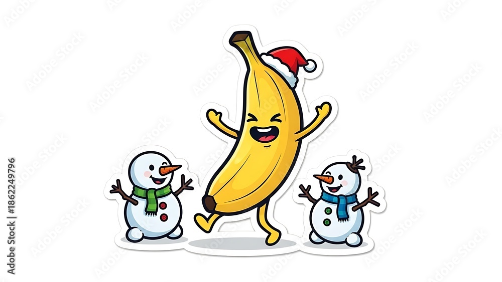 Obraz premium Cartoon banana sticker wearing santa hat dancing with two cute snowmen