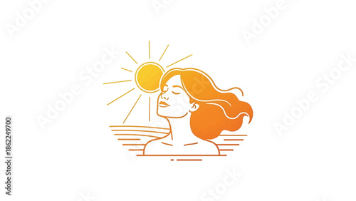 A linear artwork depicts a woman with flowing orange hair and closed eyes enjoying the sun's rays. The sun shines above the woman