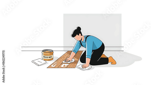 A person kneels, applying wax to wooden planks with a cloth. A can of wood wax and a clean cloth are nearby