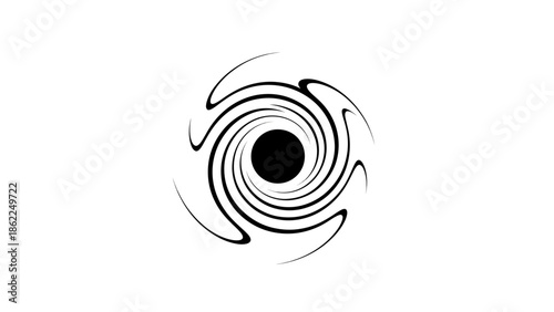 A monochrome illustration of an abstract, spiraling vortex centered against a white backdrop. Featuring concentric lines and a central black circle