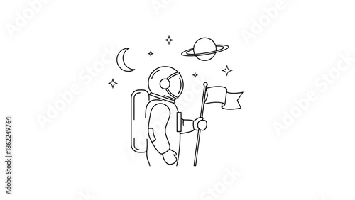 A linear black and white illustration of an astronaut holding a flag on a celestial body with stars, a moon, and a planet